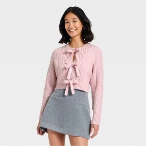 A New Day Cardigan Fuzzy Bow Sweater Pink